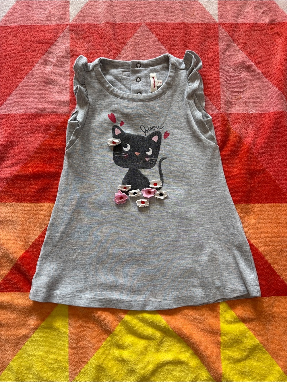Catimini Cat Appliqué Dress Size 2T Gray Flutter Sleeve Dress